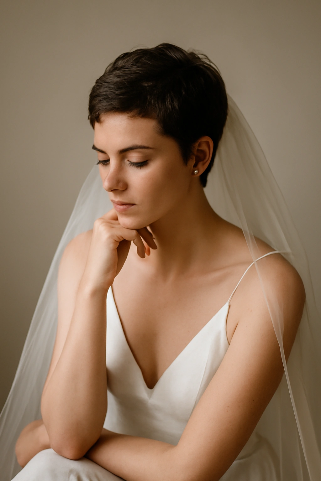Contemplative bride with short hair in a serene studio setting.
