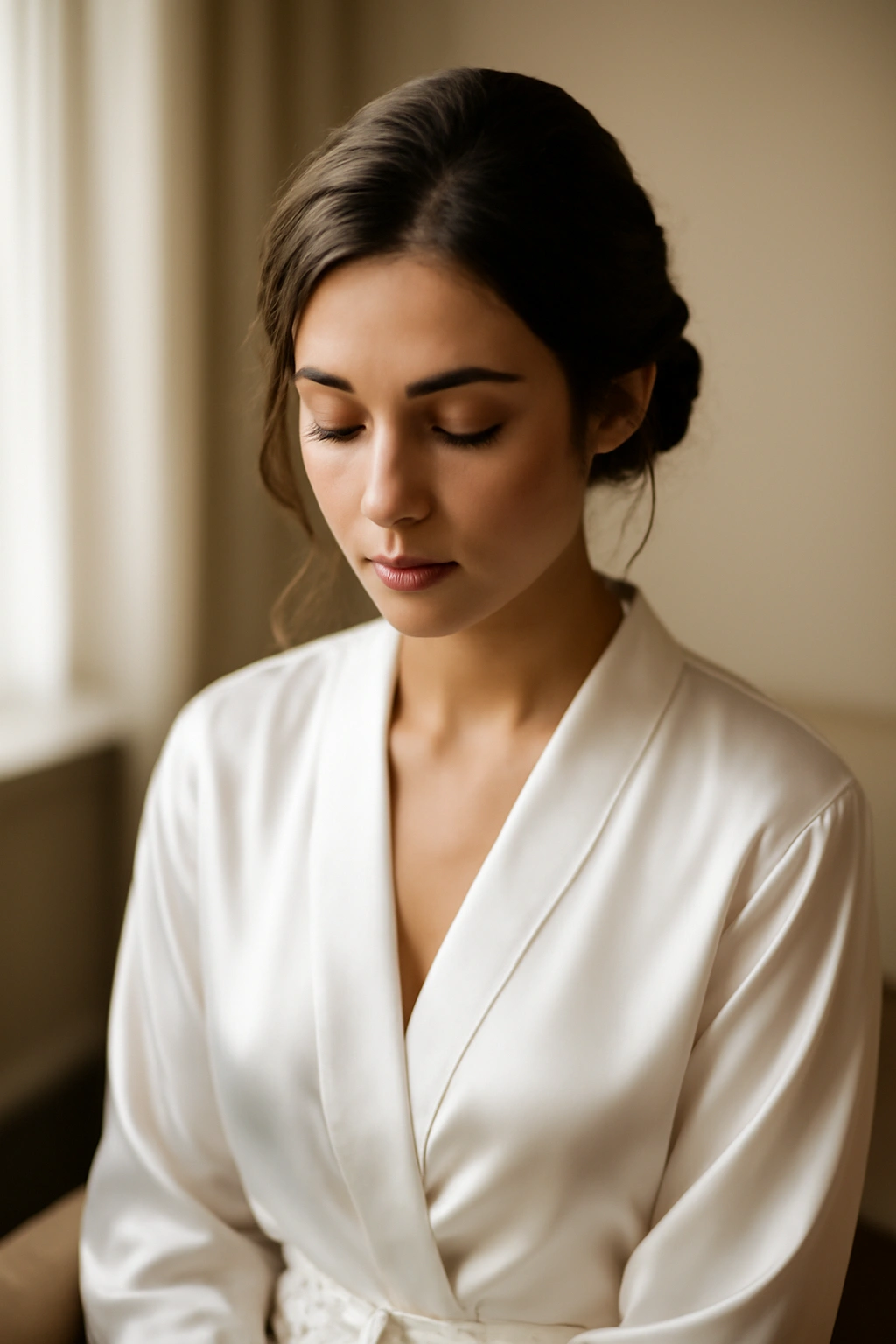 Close-up of a bride in a silky robe seated in a softly lit dressing room, contemplating her wedding hairstyle
