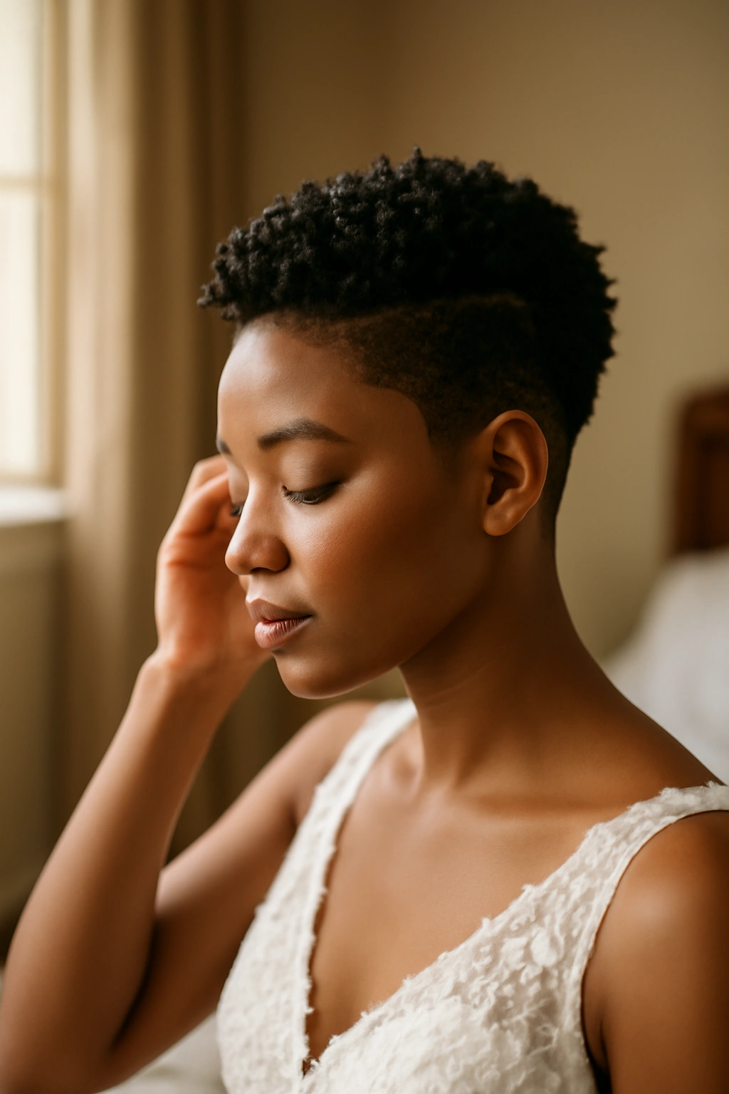 Serene bridal moment reflecting on hairstyle decisions.