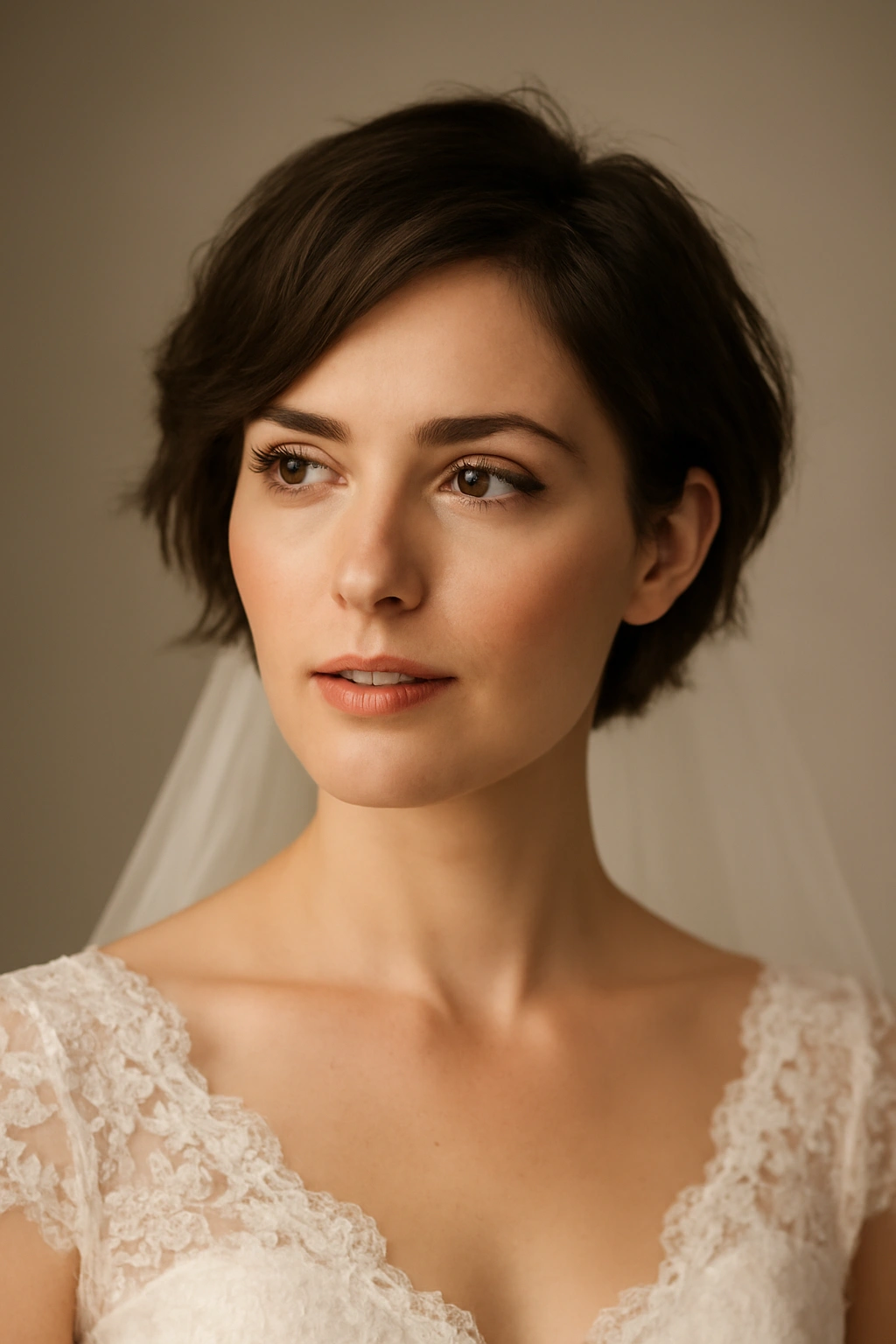 Bridal portrait showing confident expression and short hairstyle.