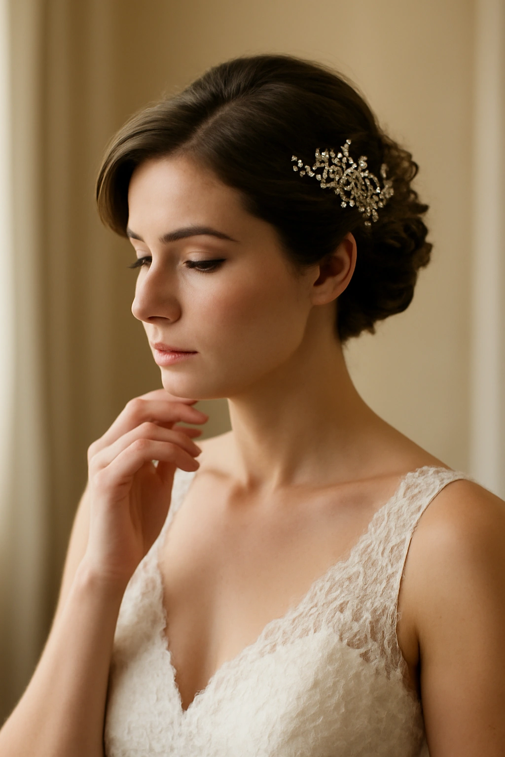 Bridal portrait conveying thoughtful reflection on hairstyle choices
