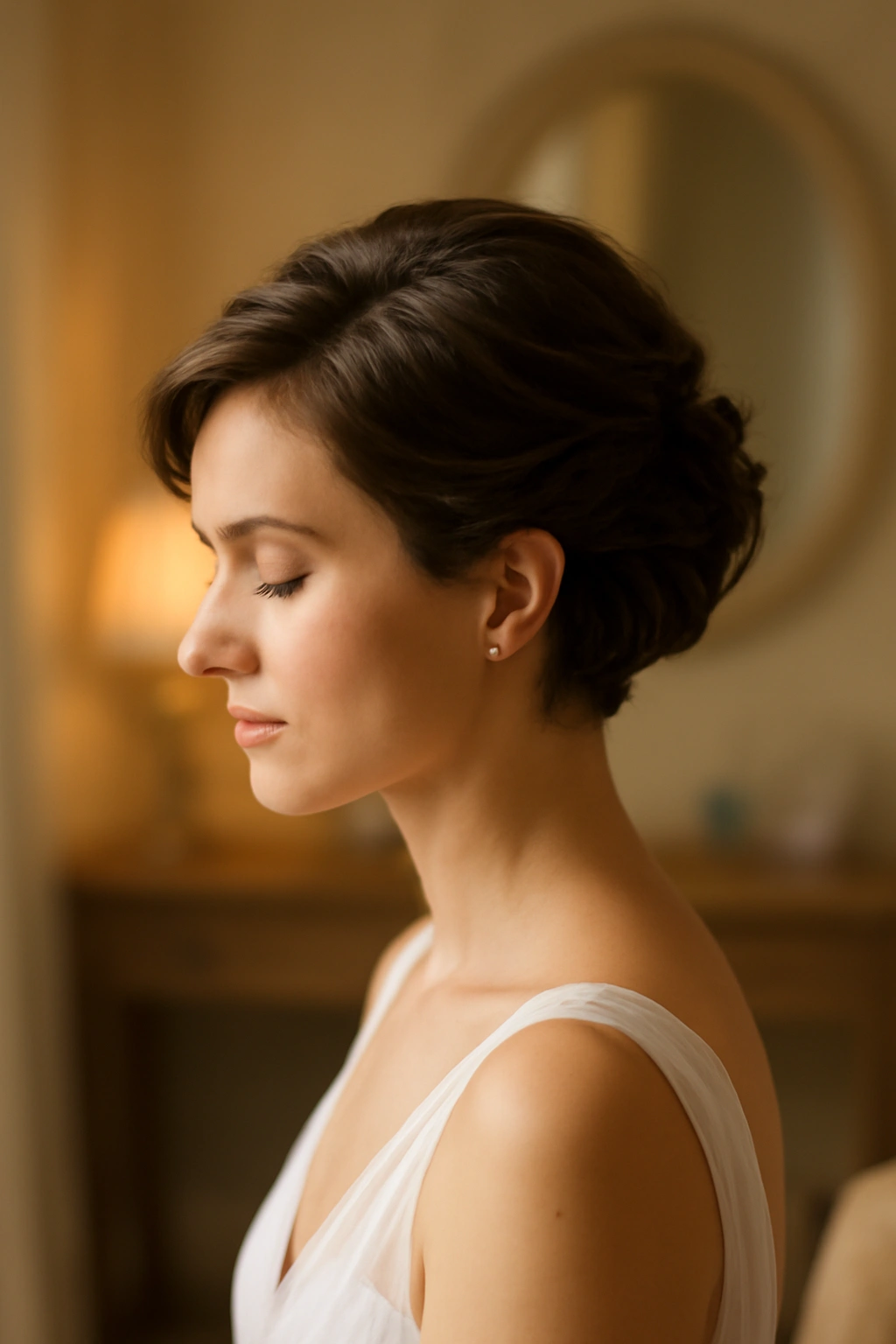 Serene short-haired bride with elegant updo in softly lit dressing room