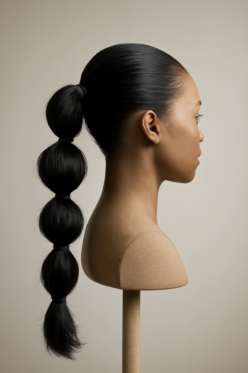 Minimal studio shot of a finished bubble ponytail