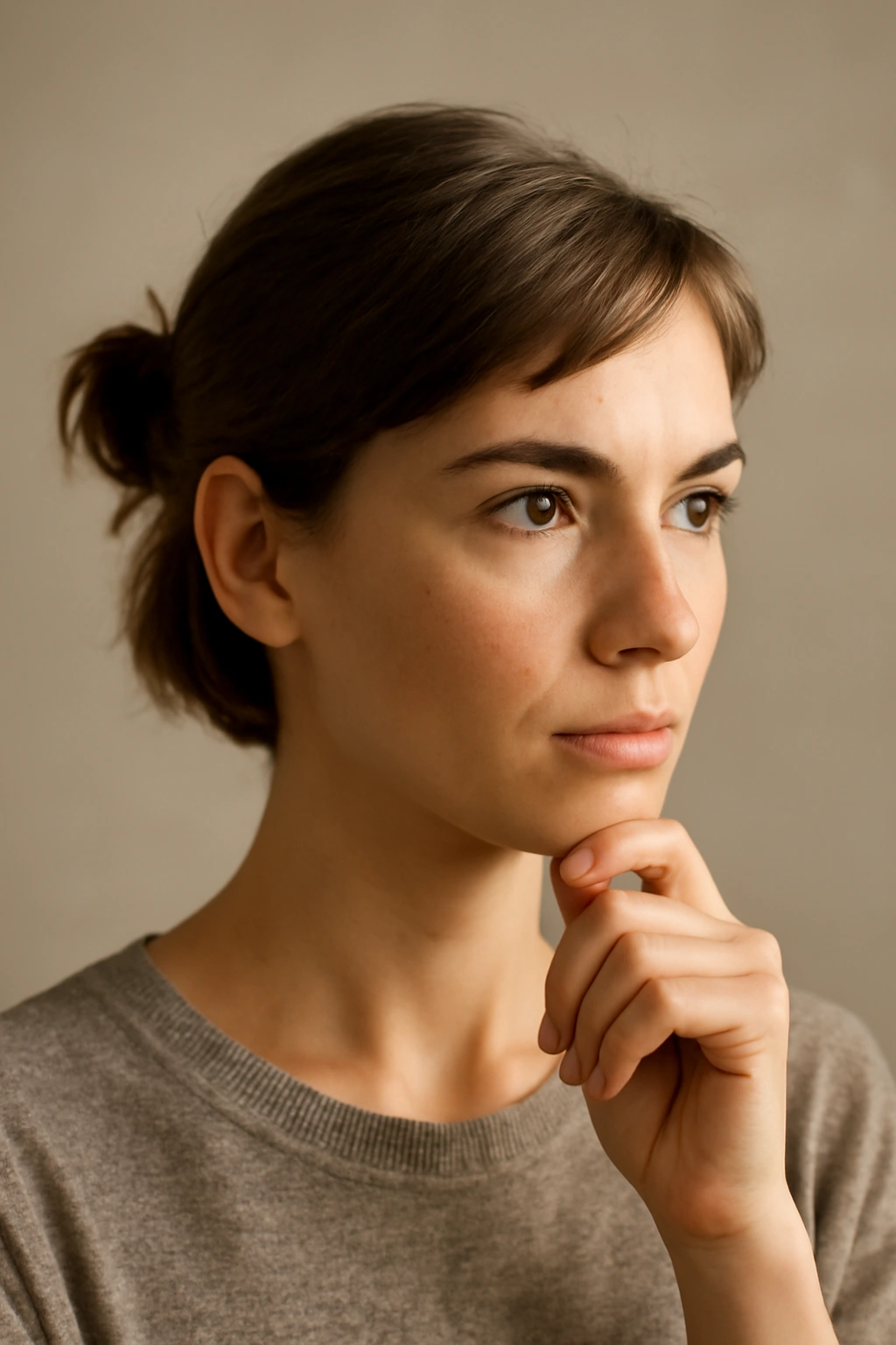 Thoughtful portrait with a simple bun showing confidence in short-hair styling