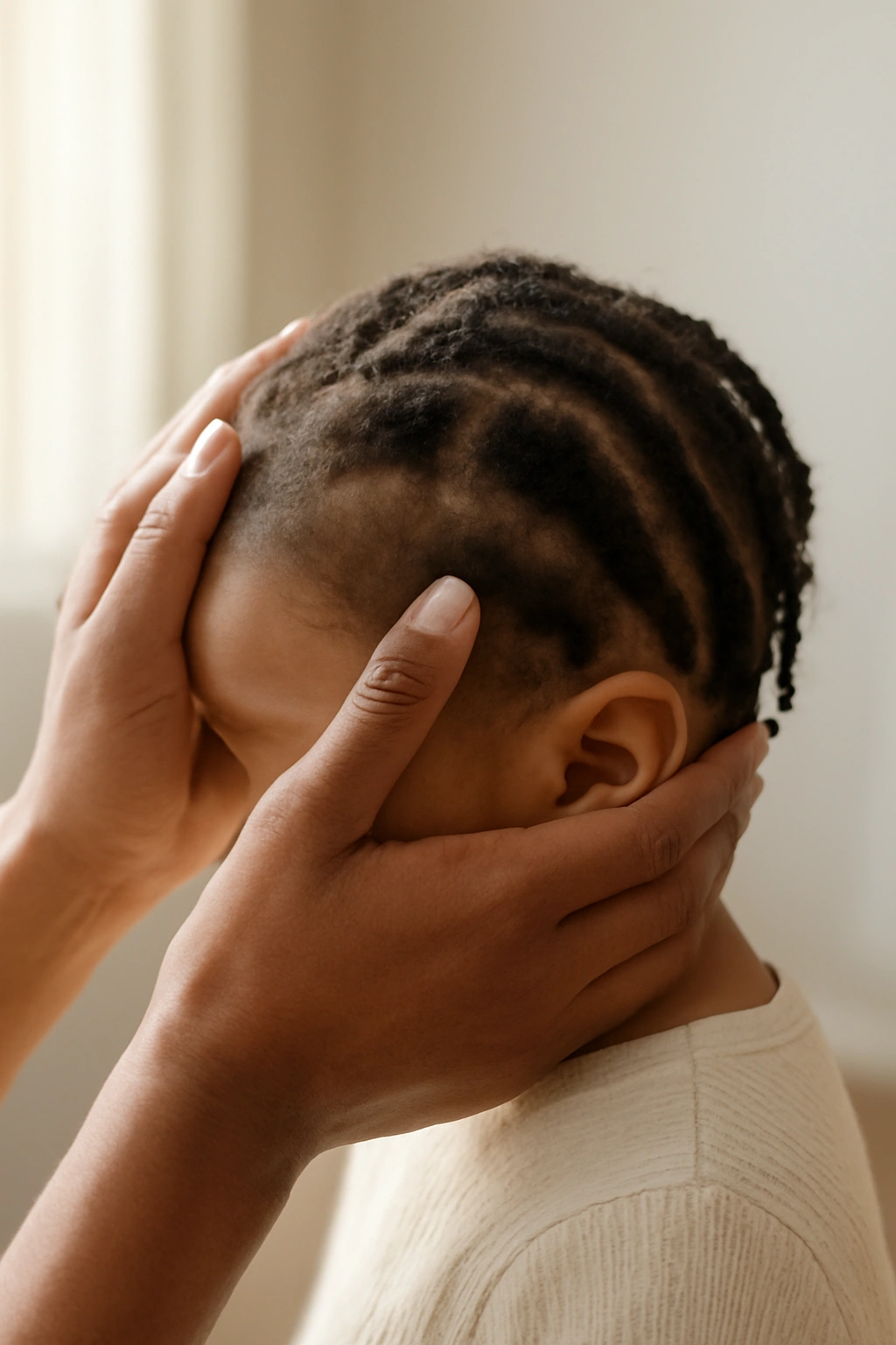 Caregiver hands cradling toddler's head in a calm, sunlit room