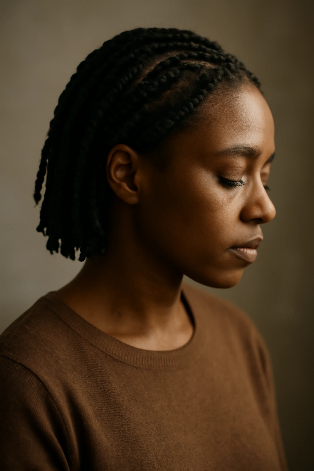 Contemplative portrait of a person with braided hair in a soft studio