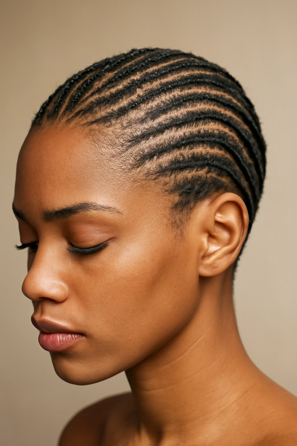 Front view of short hair with precise cornrows forming a geometric pattern.
