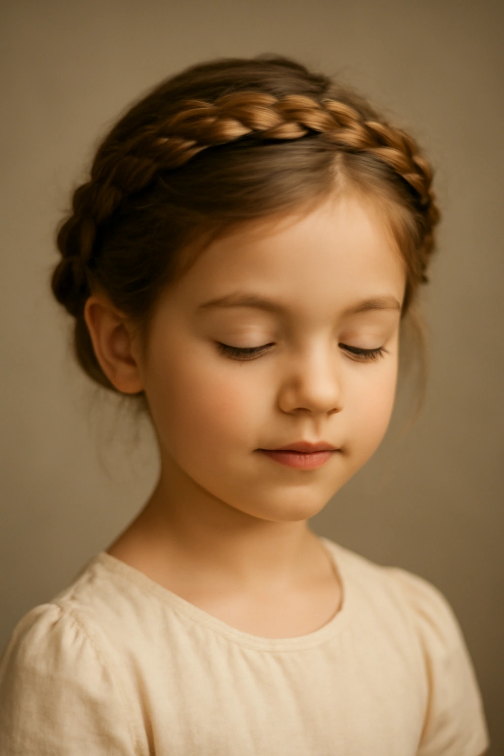 Serene flower girl with finished braided crown and calm expression