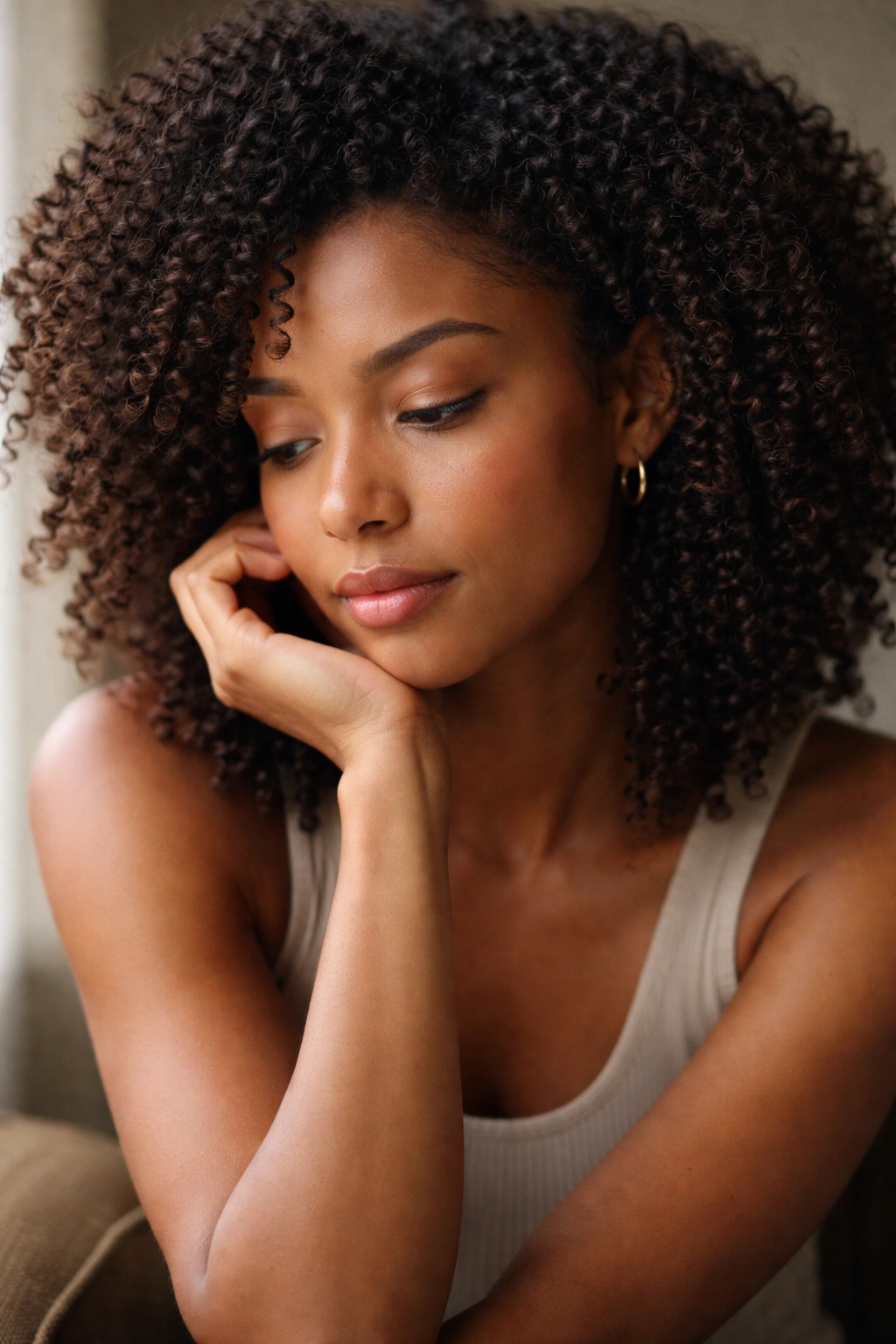 Contemplative portrait of a person with tight curls