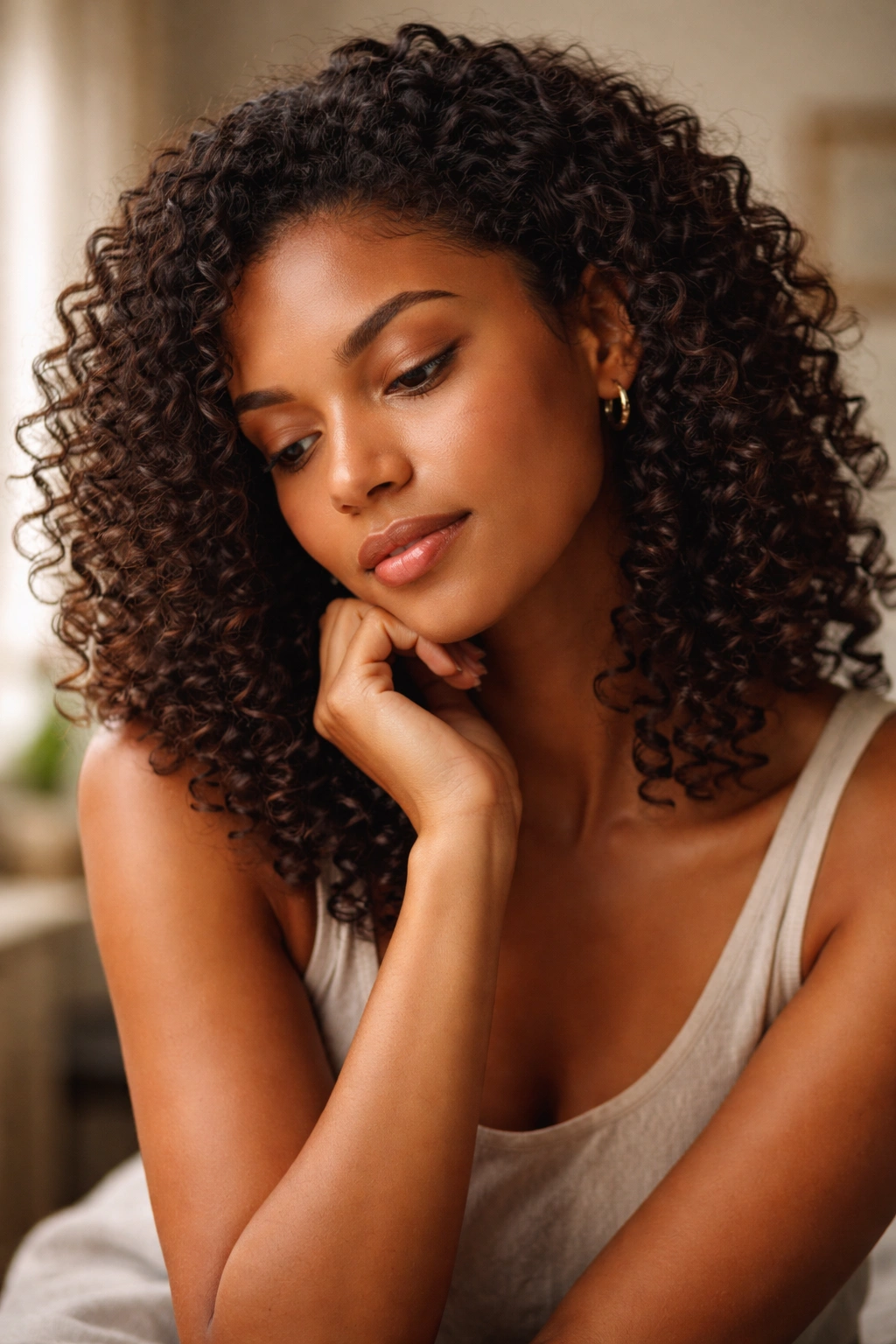 Contemplative person with natural curly hair in a simple studio setting