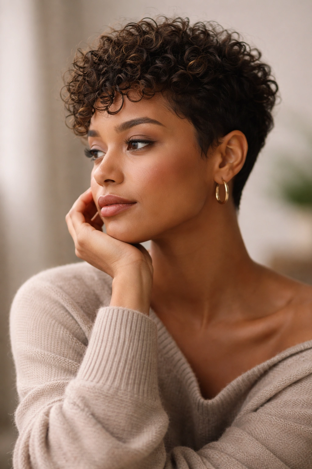 Thoughtful portrait of a person with curly crop
