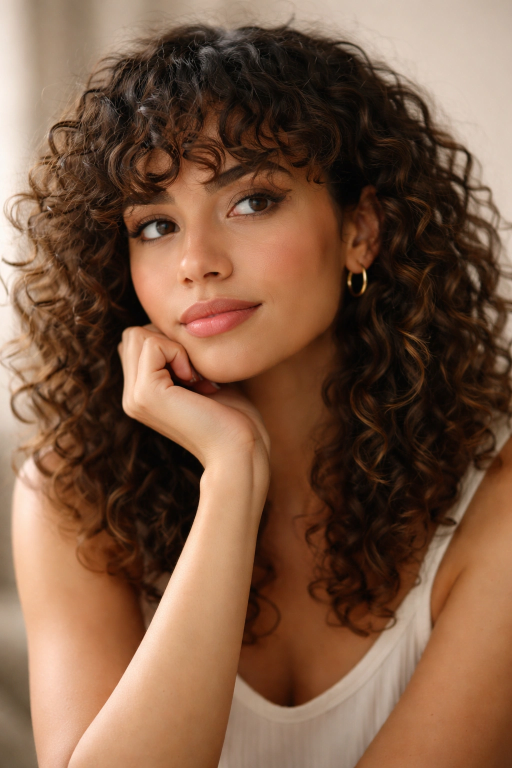 Close-up portrait of a person with curly hair and bangs in a thoughtful pose with soft studio lighting