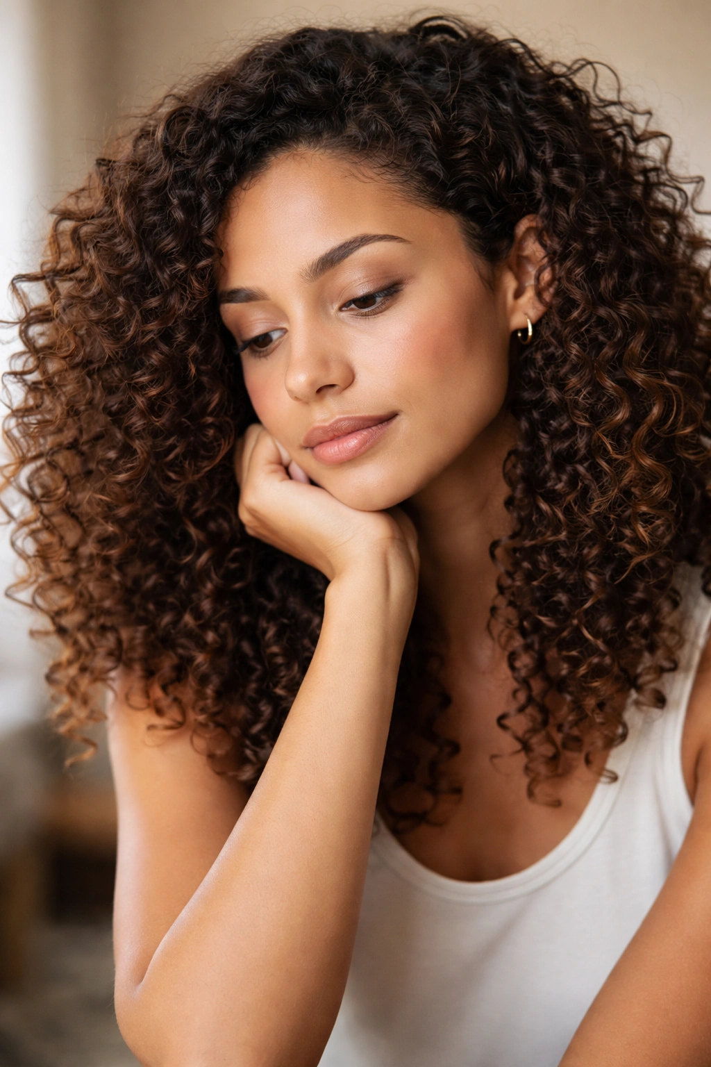 Thoughtful portrait of a person with curly hair in a calm studio