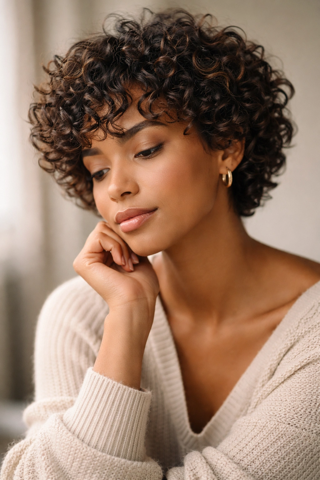 Contemplative portrait of a person with curly short hair.