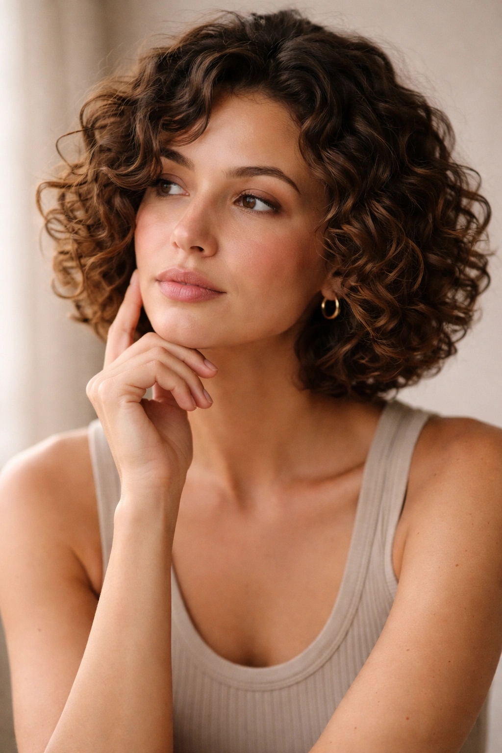 Thoughtful portrait of a person with a curly bob against a neutral backdrop