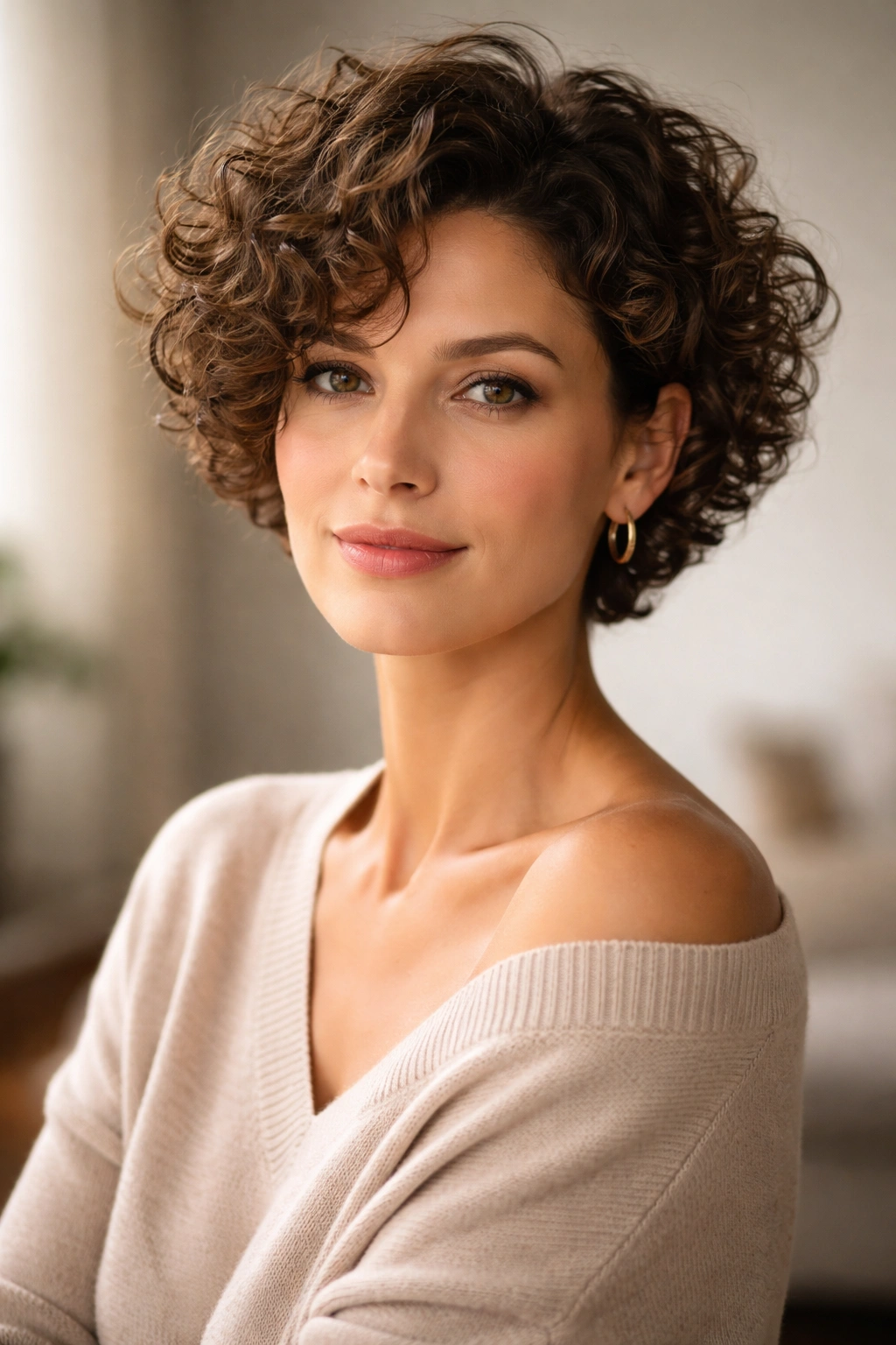 Thoughtful portrait of a woman with a short curly hairstyle