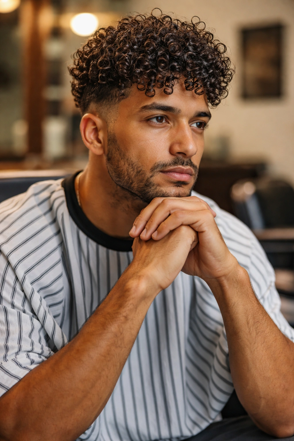 Portrait of a man with natural curly hair in a barber chair, contemplating hairstyle choices