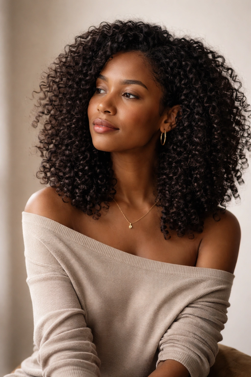 Portrait of a person with natural curly hair in a thoughtful pose