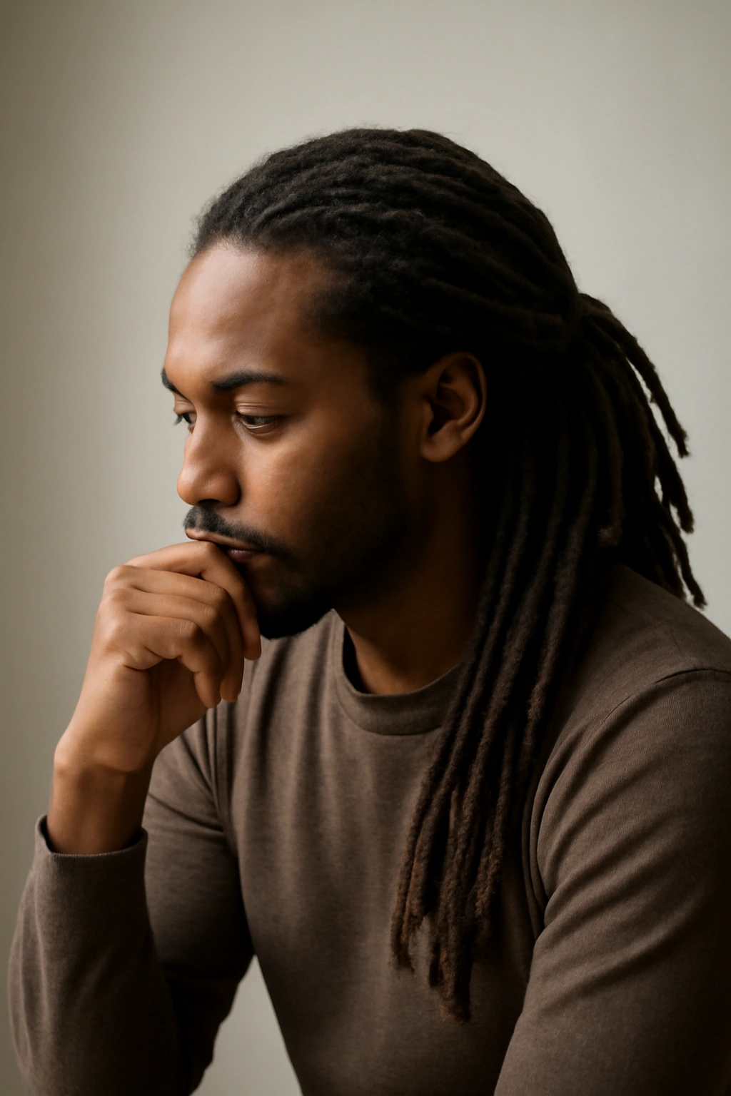 Contemplative person with dreadlocks in a minimal studio, symbolizing final thoughts on the loc journey