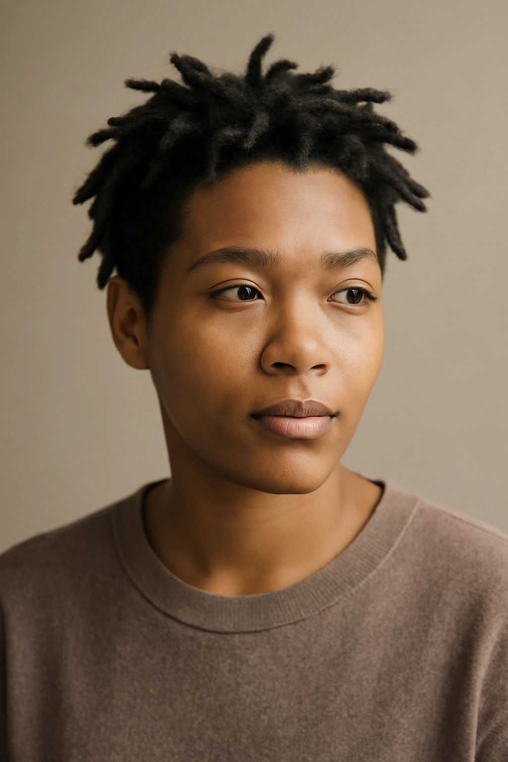 Calm portrait of a person with short dreadlocks, reflecting versatility of styling.