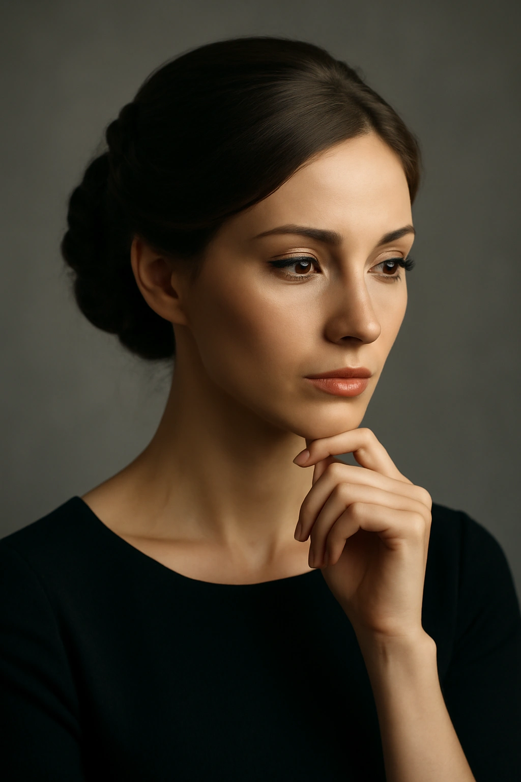 Contemplative portrait highlighting a polished formal hairstyle