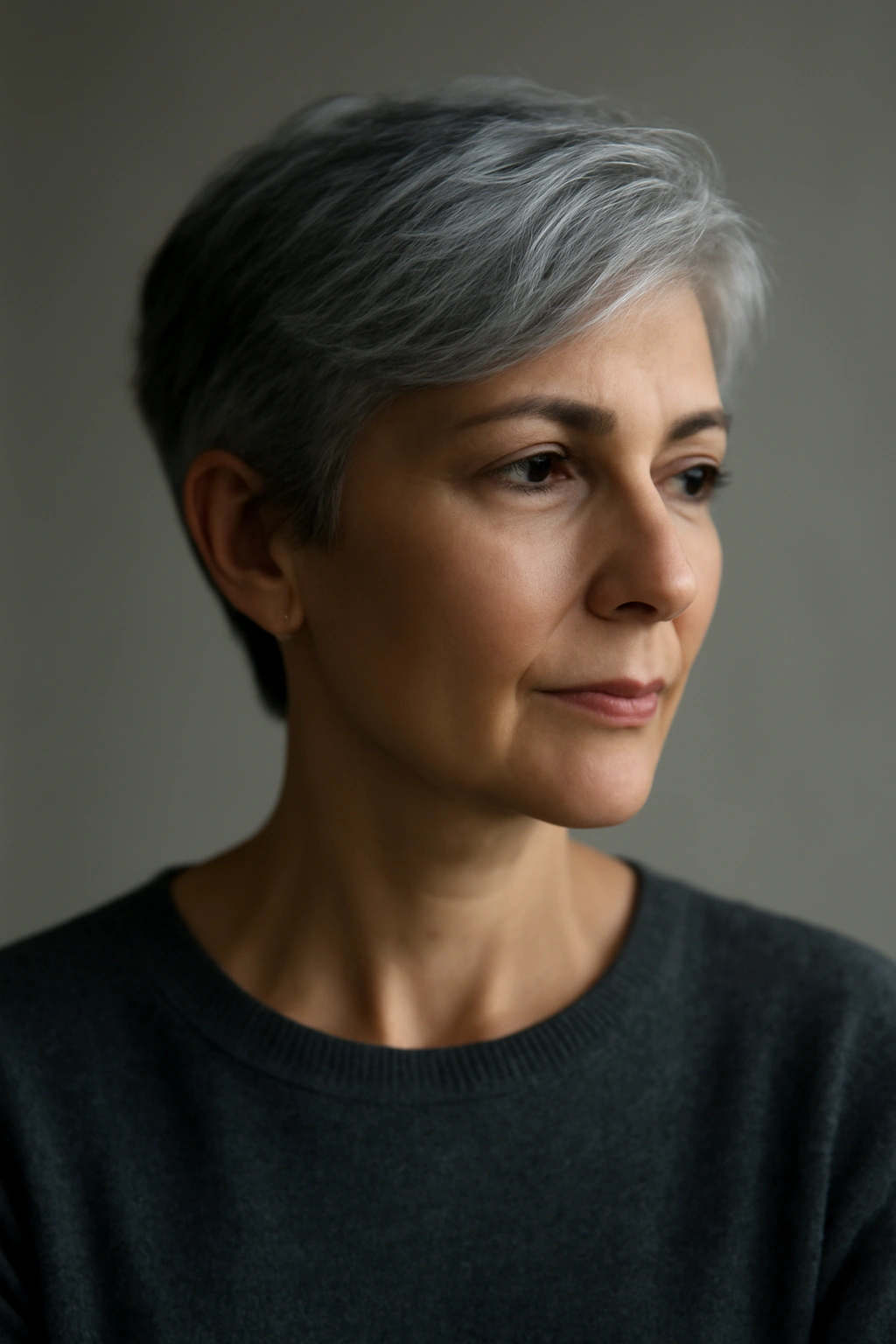 Contemplative portrait of a person with short silver-gray hair
