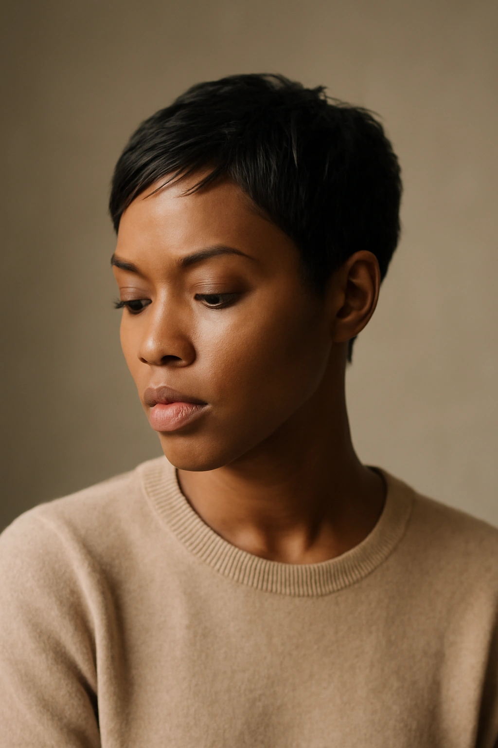 Contemplative portrait of a person with short hair reflecting on hair choices.