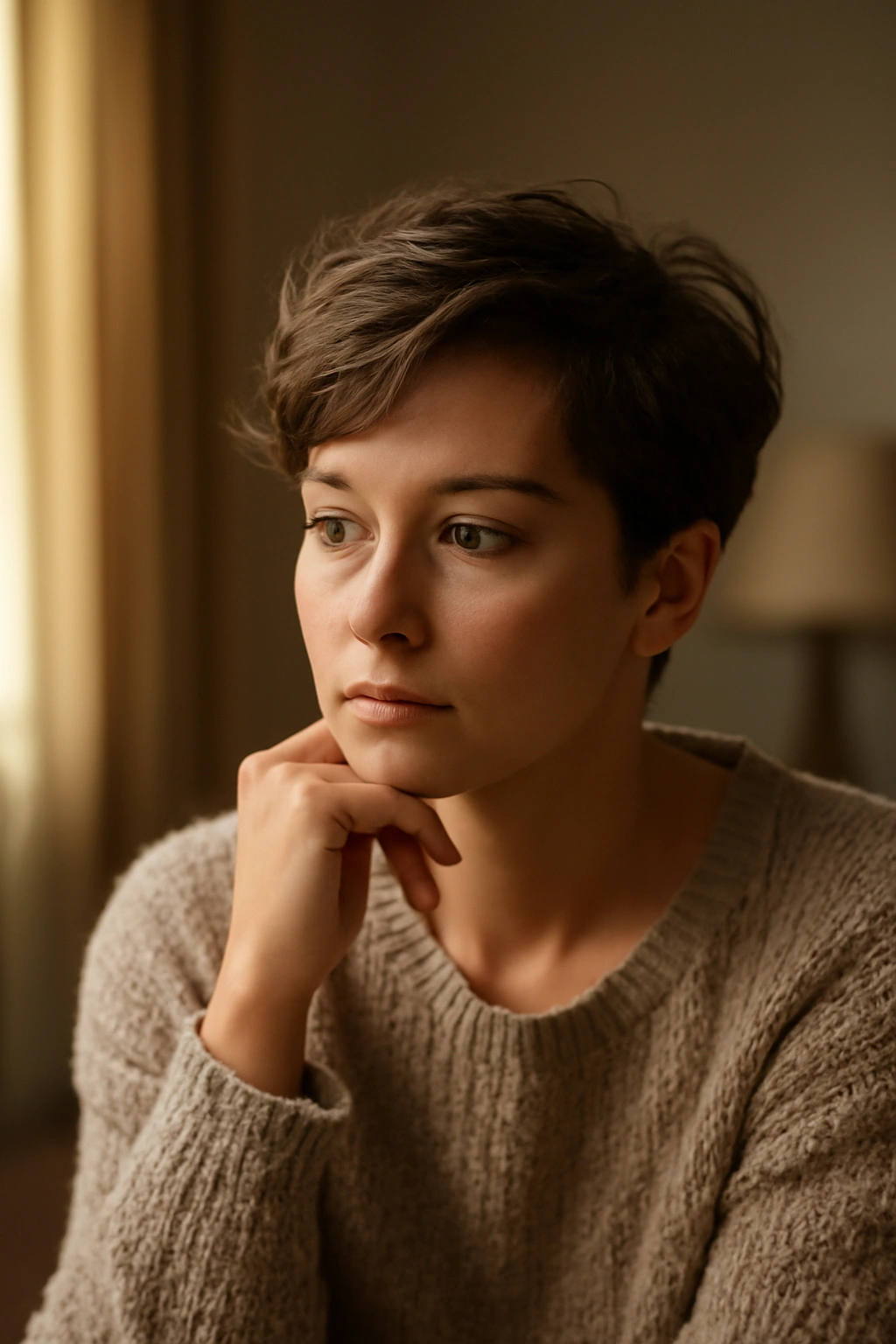  contemplative person with short stylish hair in a warm, softly lit room.