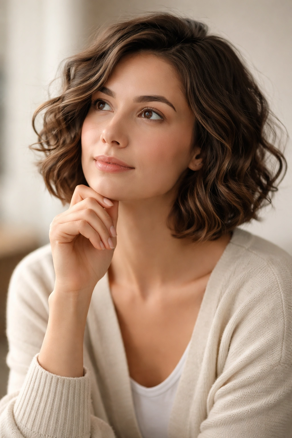 Contemplative portrait suggesting hairstyle decision