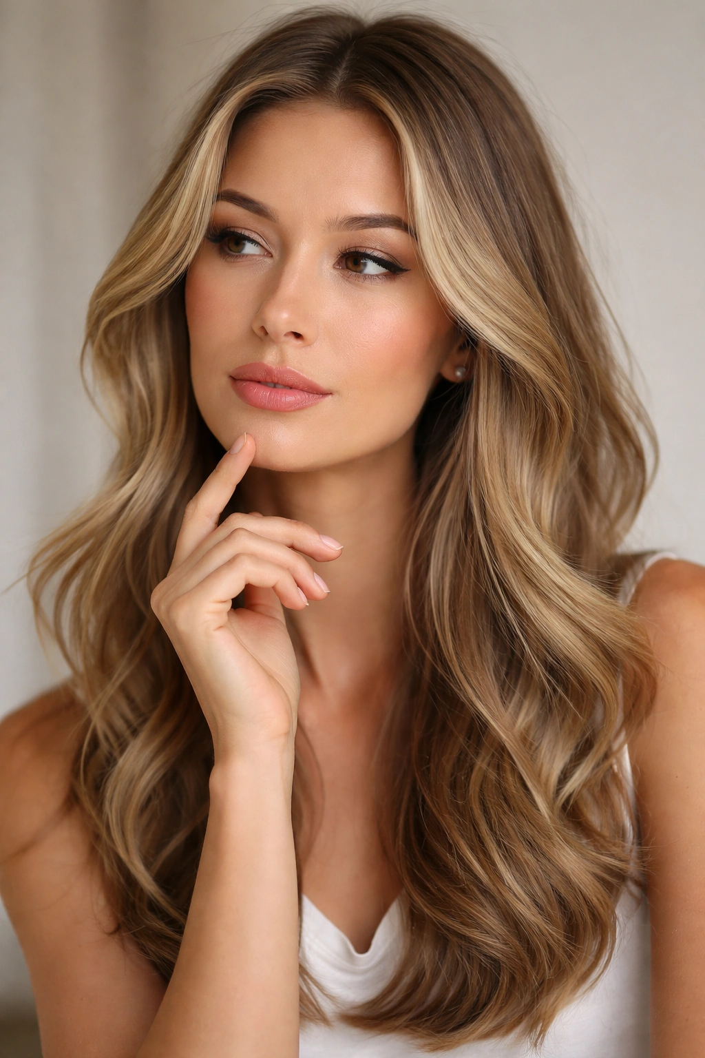 Contemplative portrait of a person with balanced long-face hair