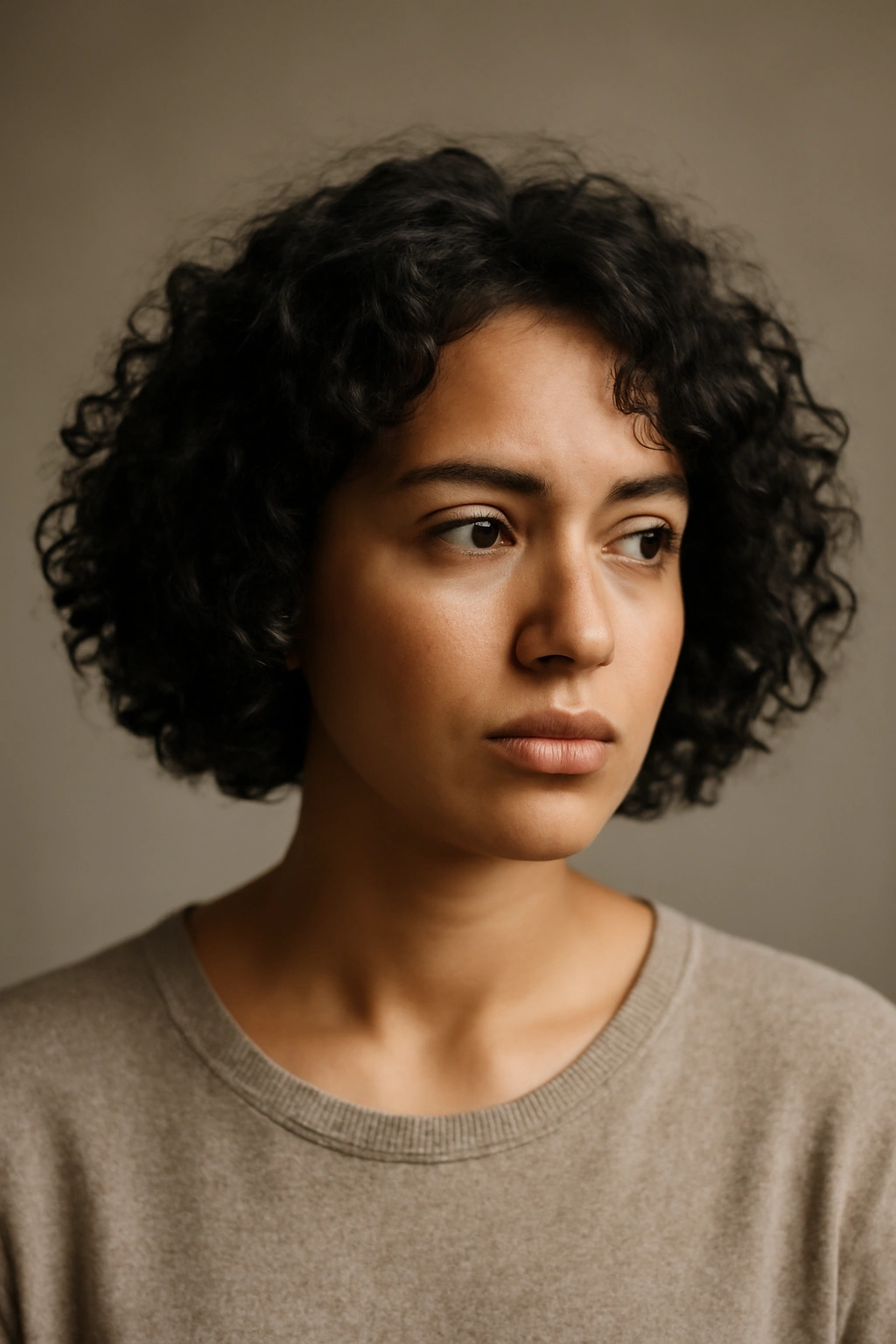Thoughtful portrait of a person with a curly bob in a calm studio