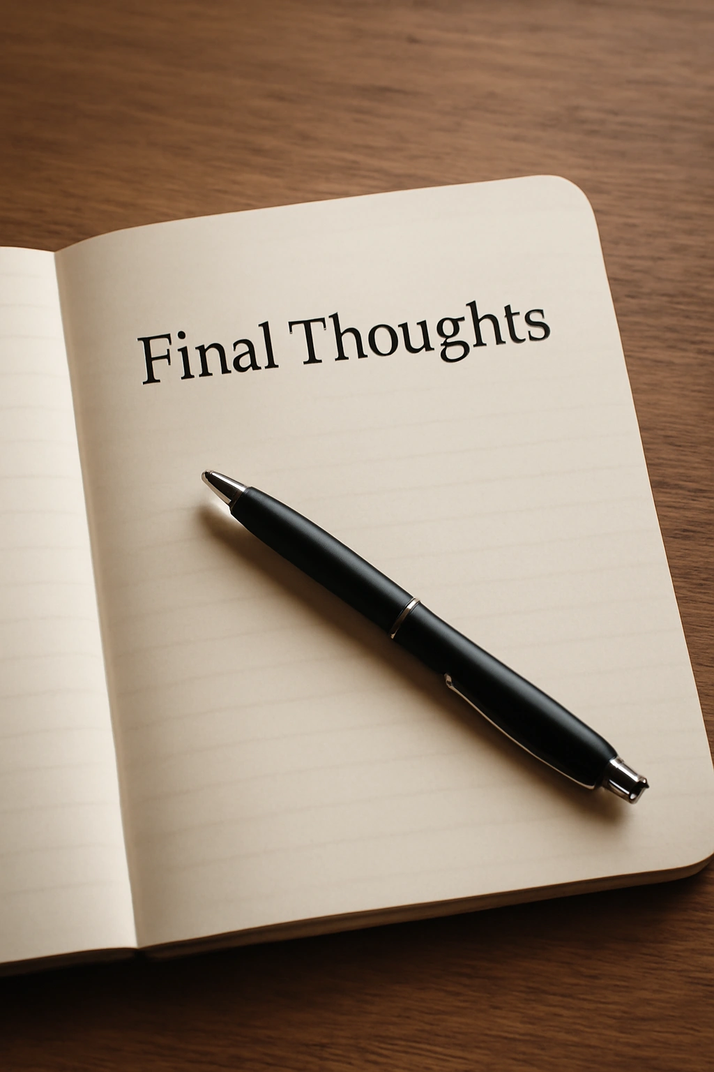 Open blank notebook on wood with a pen, calm contemplative mood