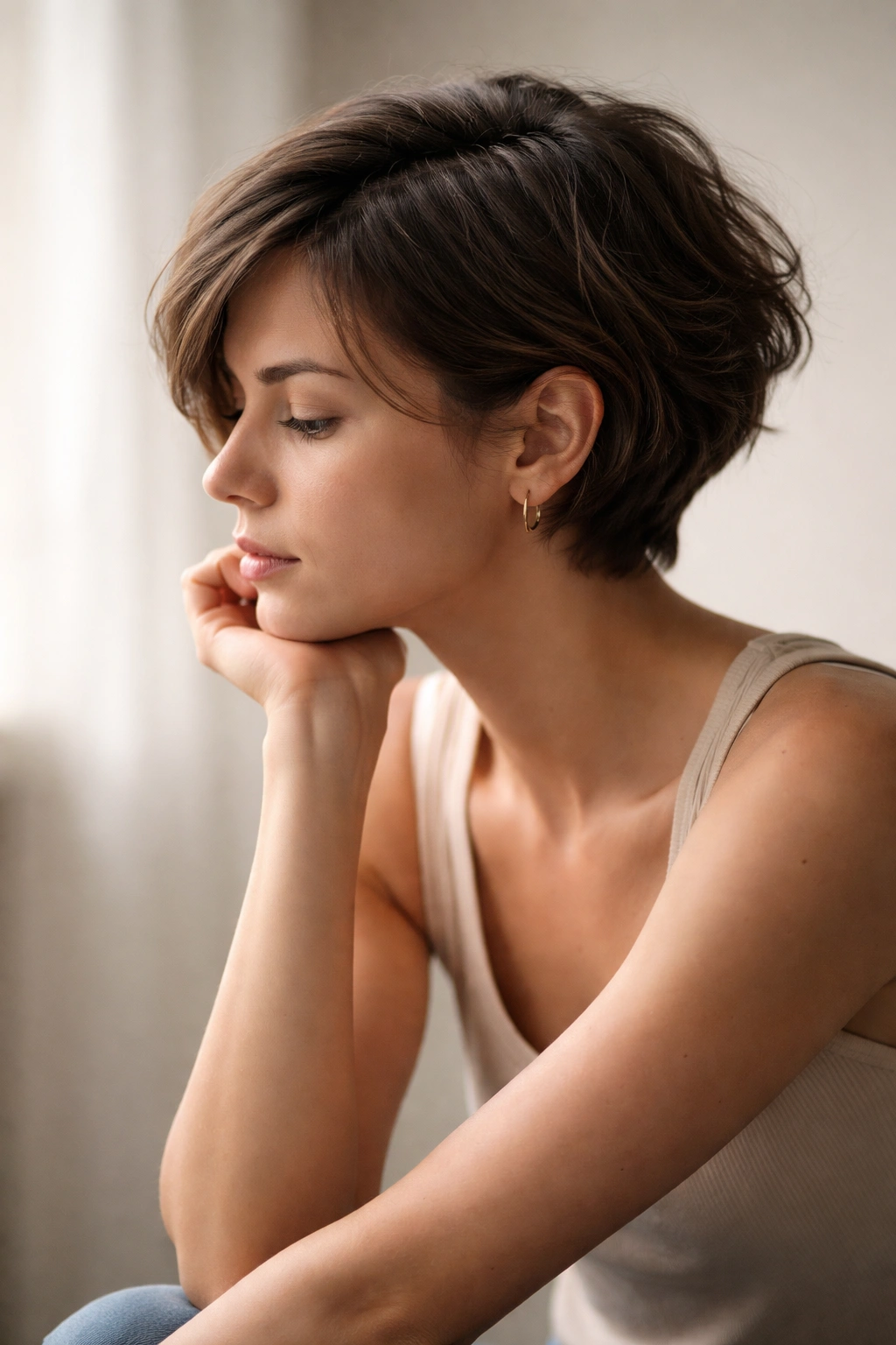 Silhouette of a person with short no-heat hairstyle in thoughtful pose.