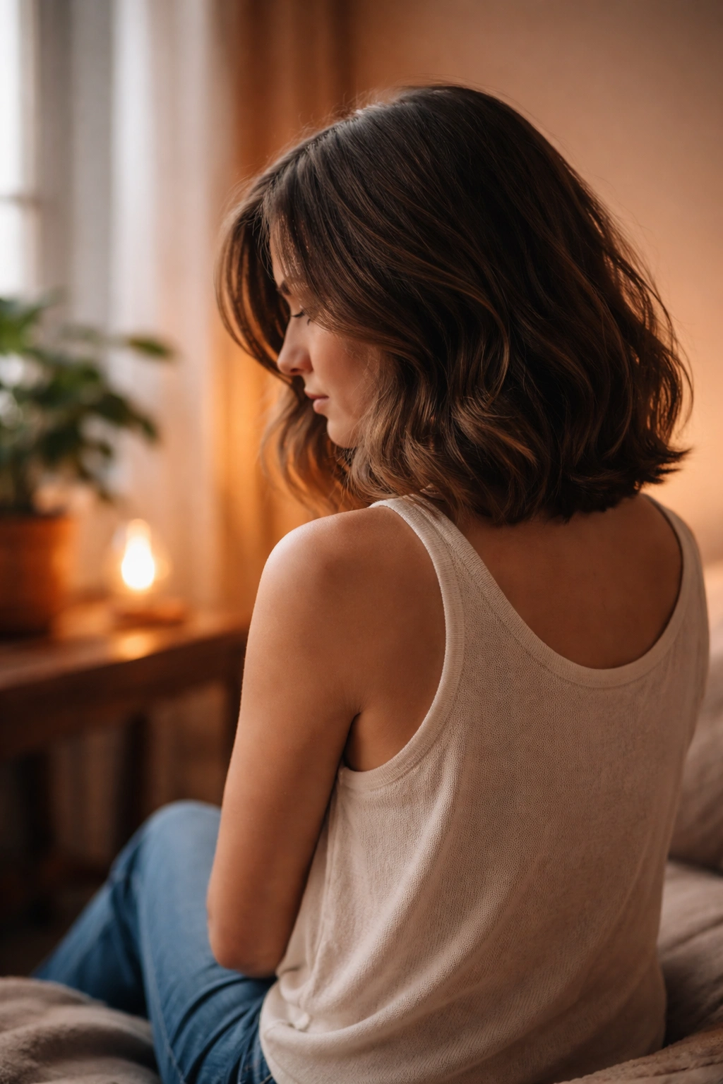 Silhouette of a person with shoulder-length hair in a contemplative pose
