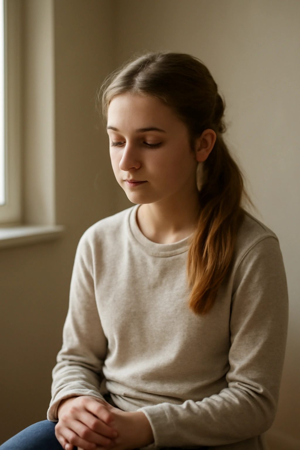 Thoughtful girl reflecting after styling her hair in a calm morning setting