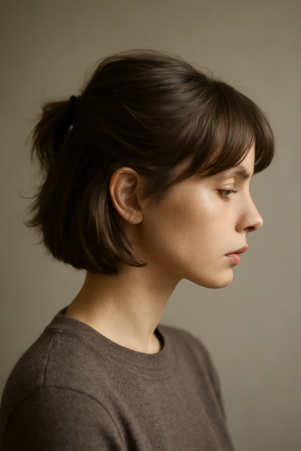 Profile portrait of a person with short hair in a simple half-up style, reflecting thoughtful mood.