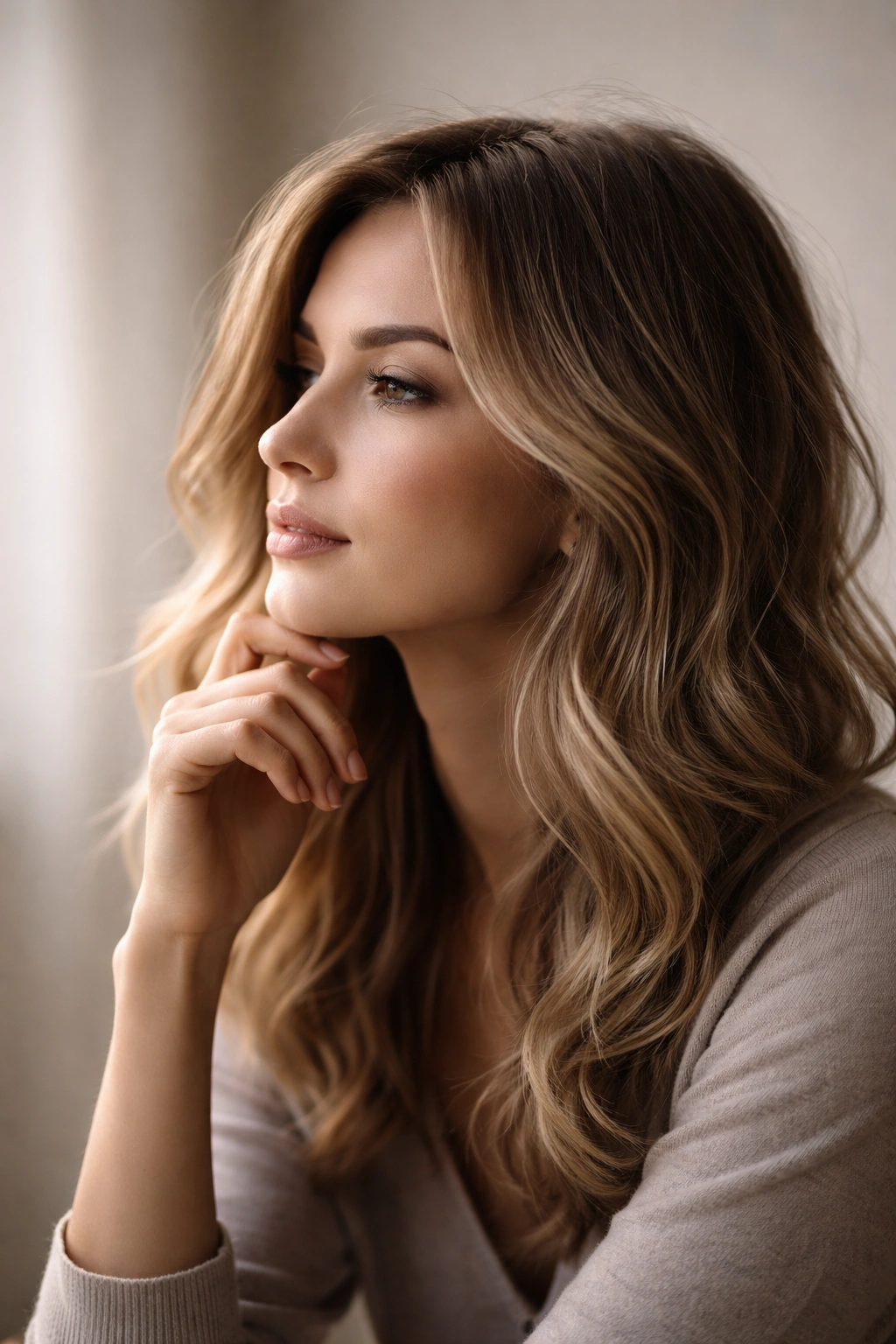 Contemplative silhouette with soft wavy hair against a neutral backdrop.