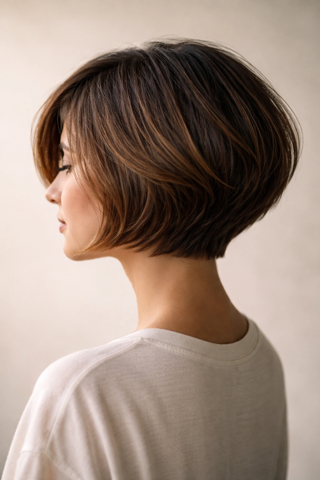 Profile silhouette of a head with a stacked bob in a minimal studio setting