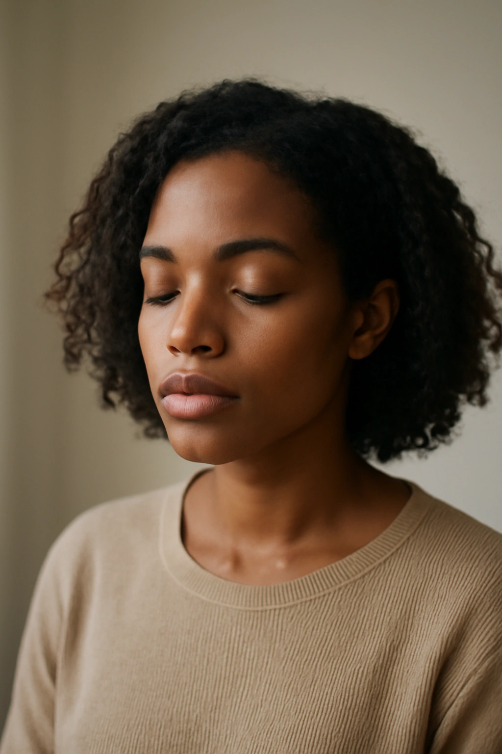 Thoughtful portrait in a calm studio reflecting final thoughts on hair texture.