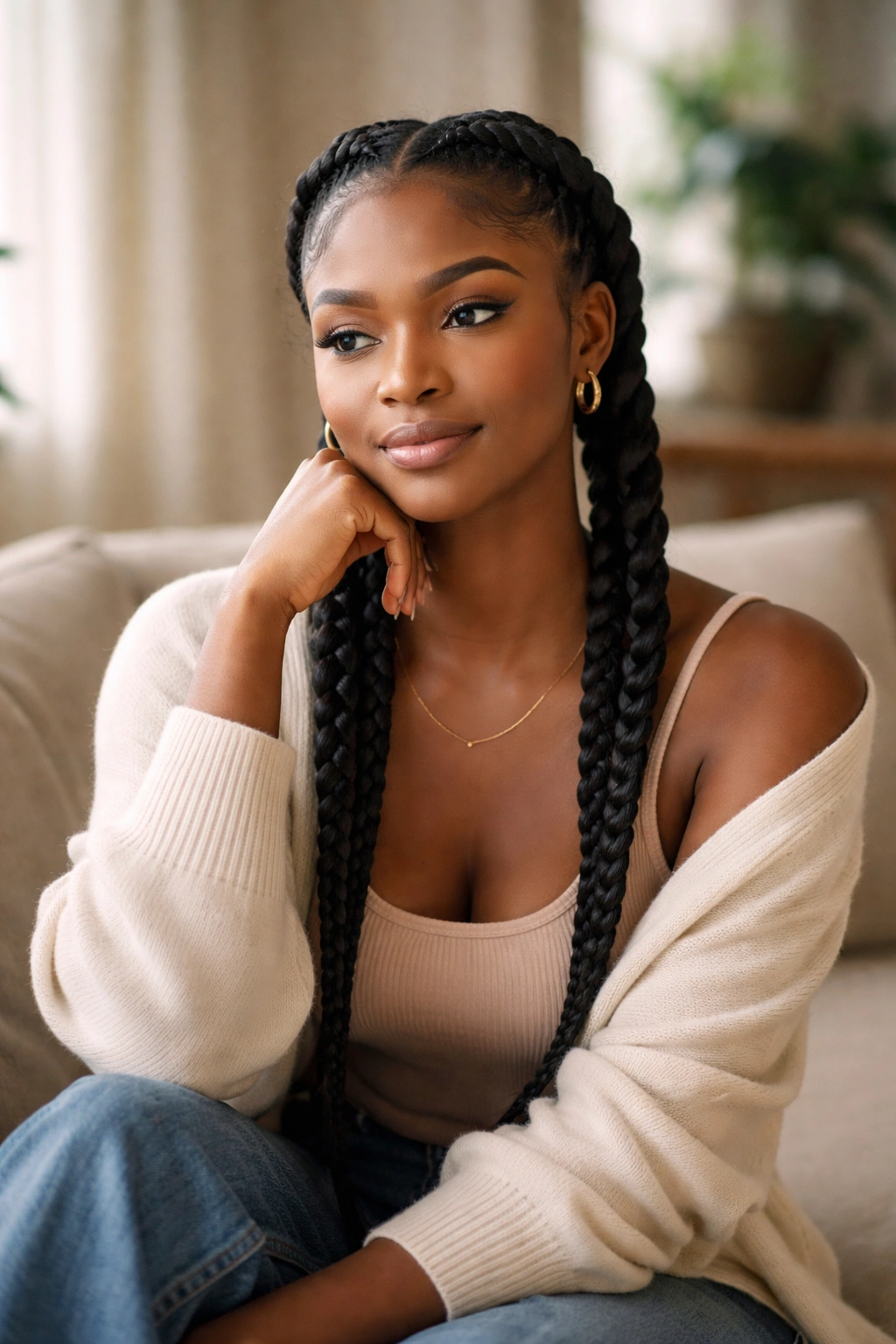 Contemplative portrait of a Black woman with two-braid hairstyle