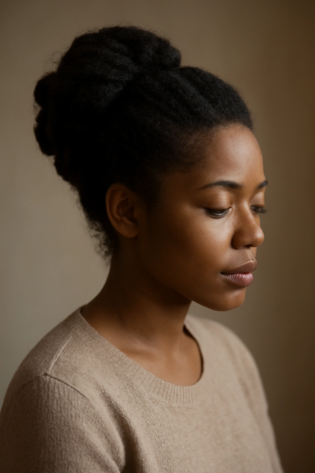 Contemplative figure with updo in soft lighting