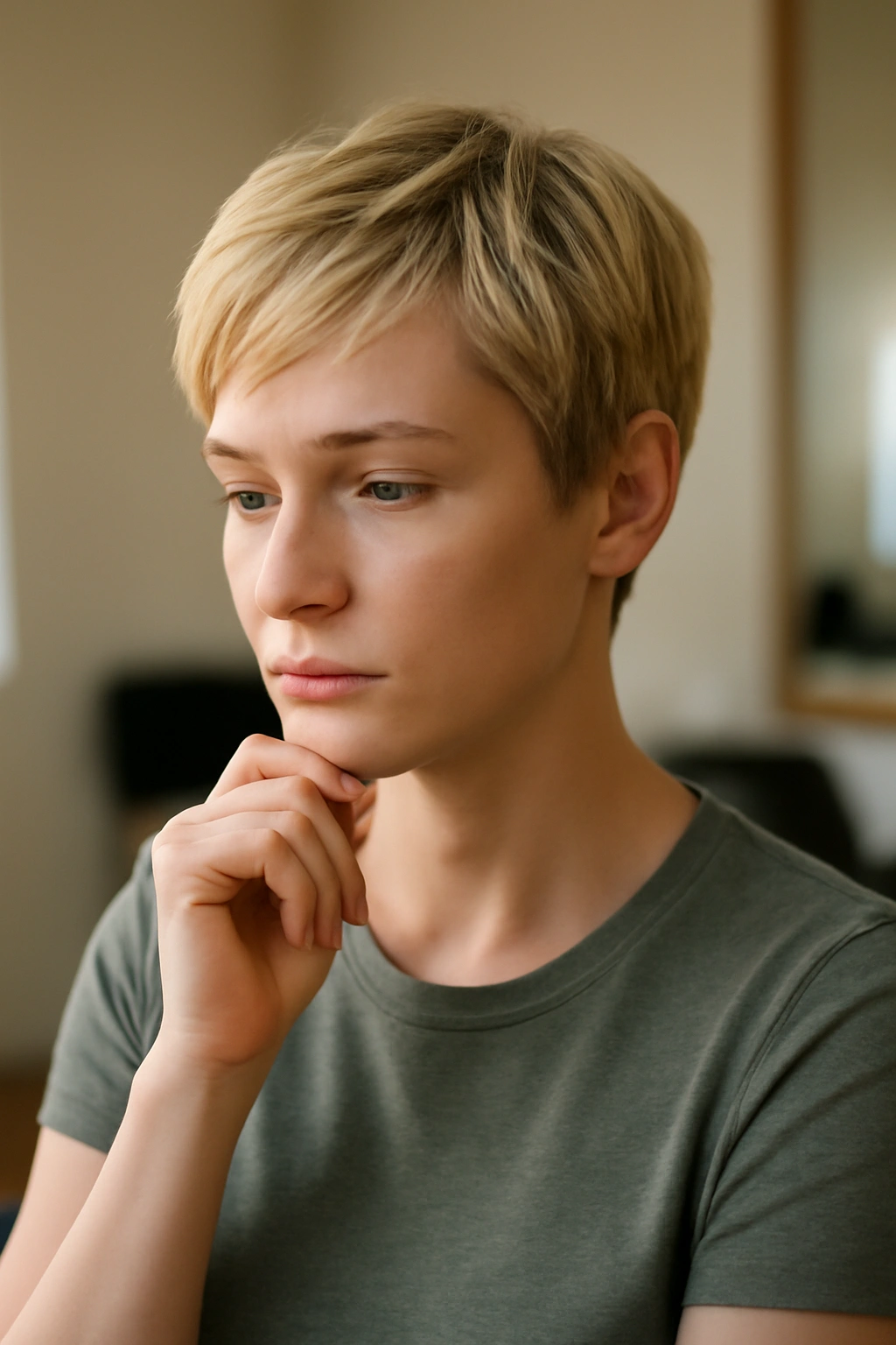 Thoughtful person in a calm salon setting considering a new short blonde cut