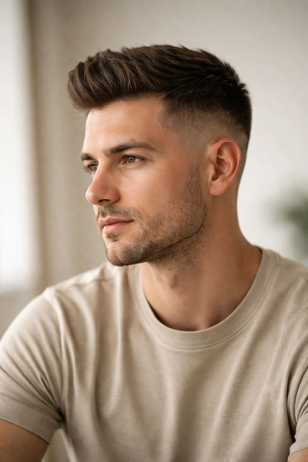 Thoughtful portrait of a man with temple fade in studio lighting