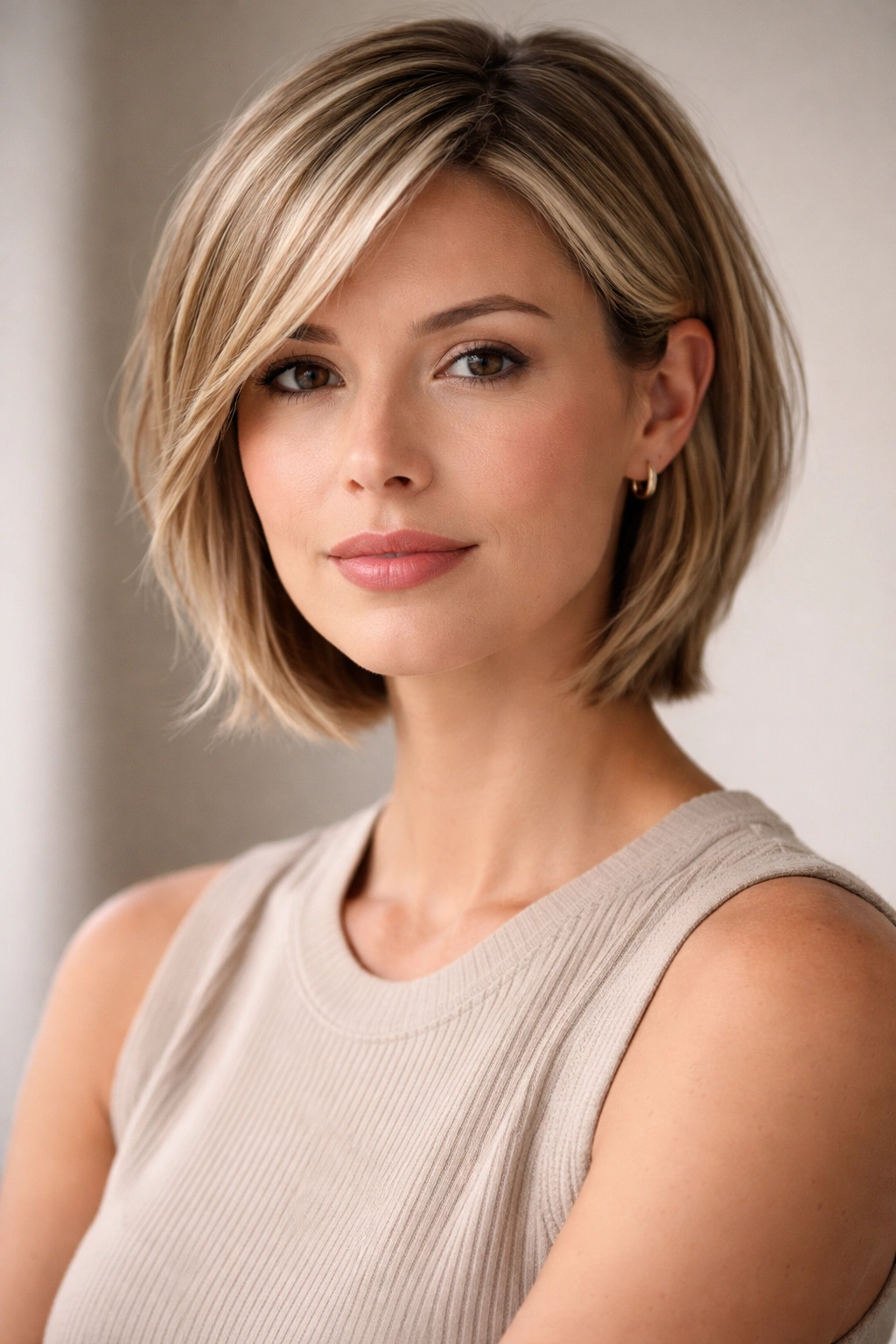 Thoughtful portrait of someone with a layered straight short haircut