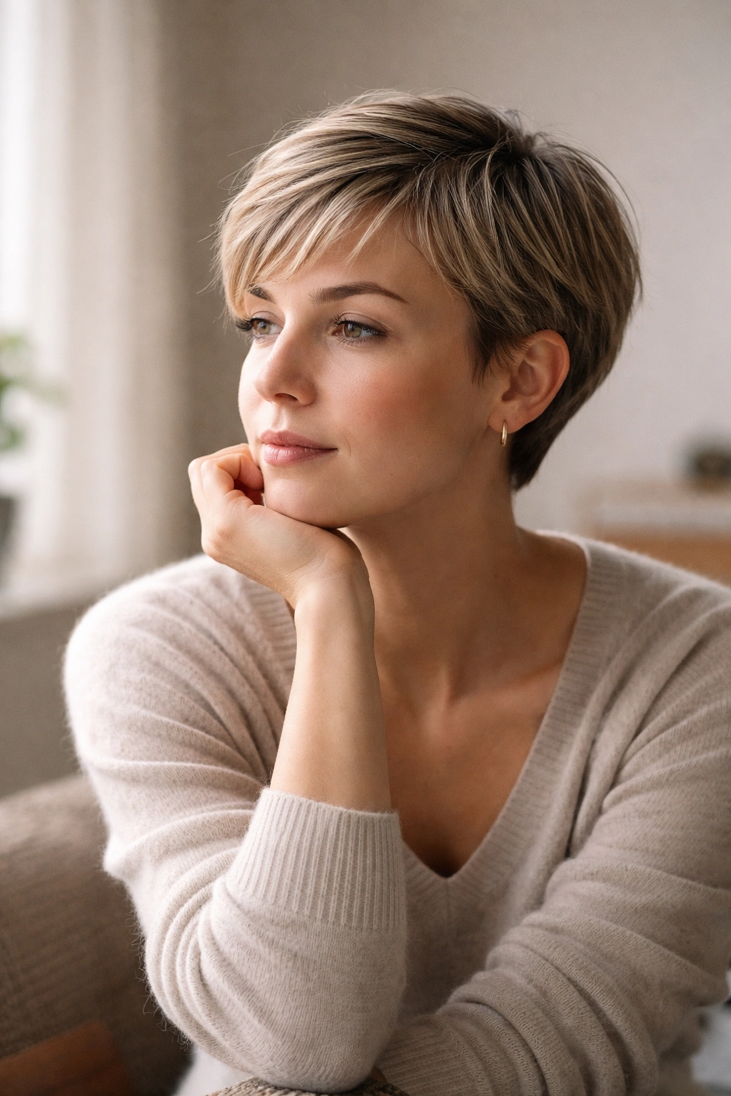 Thoughtful portrait of a person with a short low-maintenance haircut