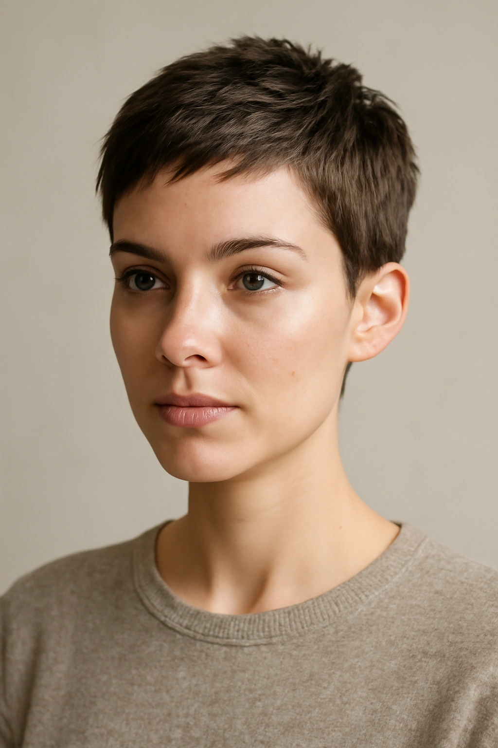 Portrait of a person with a diamond-face-friendly short haircut in a studio