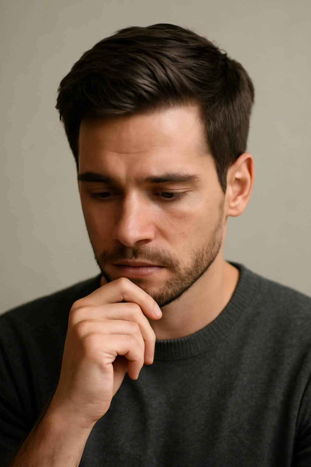 Thoughtful portrait conveying final thoughts on haircut choices with balanced hairstyle.