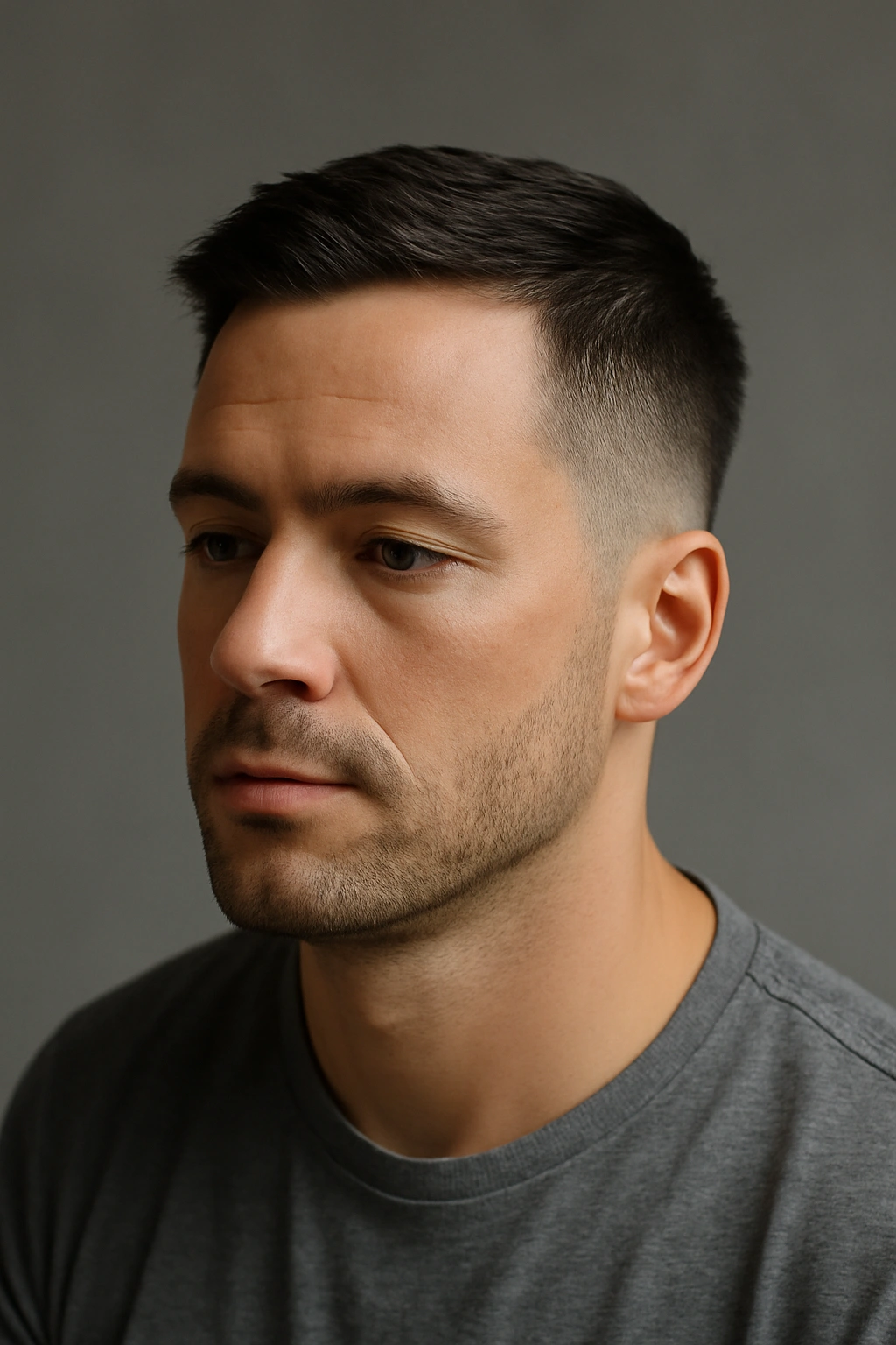 Close-up portrait of a man with a neat, tapered short haircut.