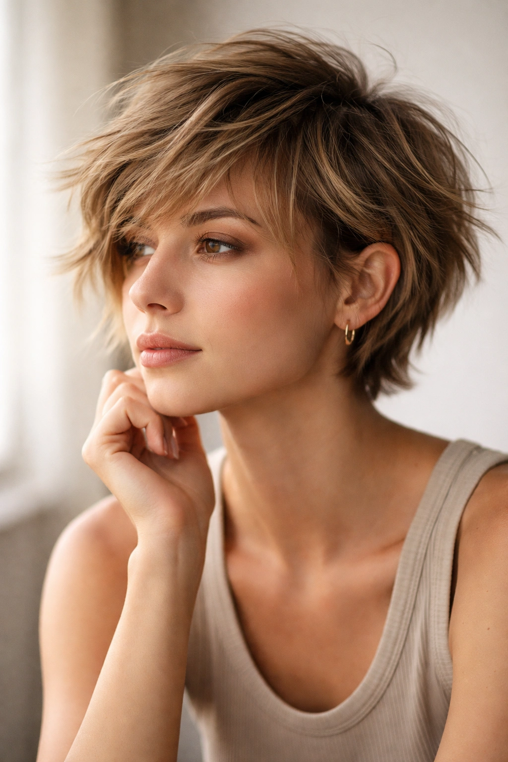 Contemplative person with a short, choppy haircut in a neutral studio setting, highlighting texture and movement
