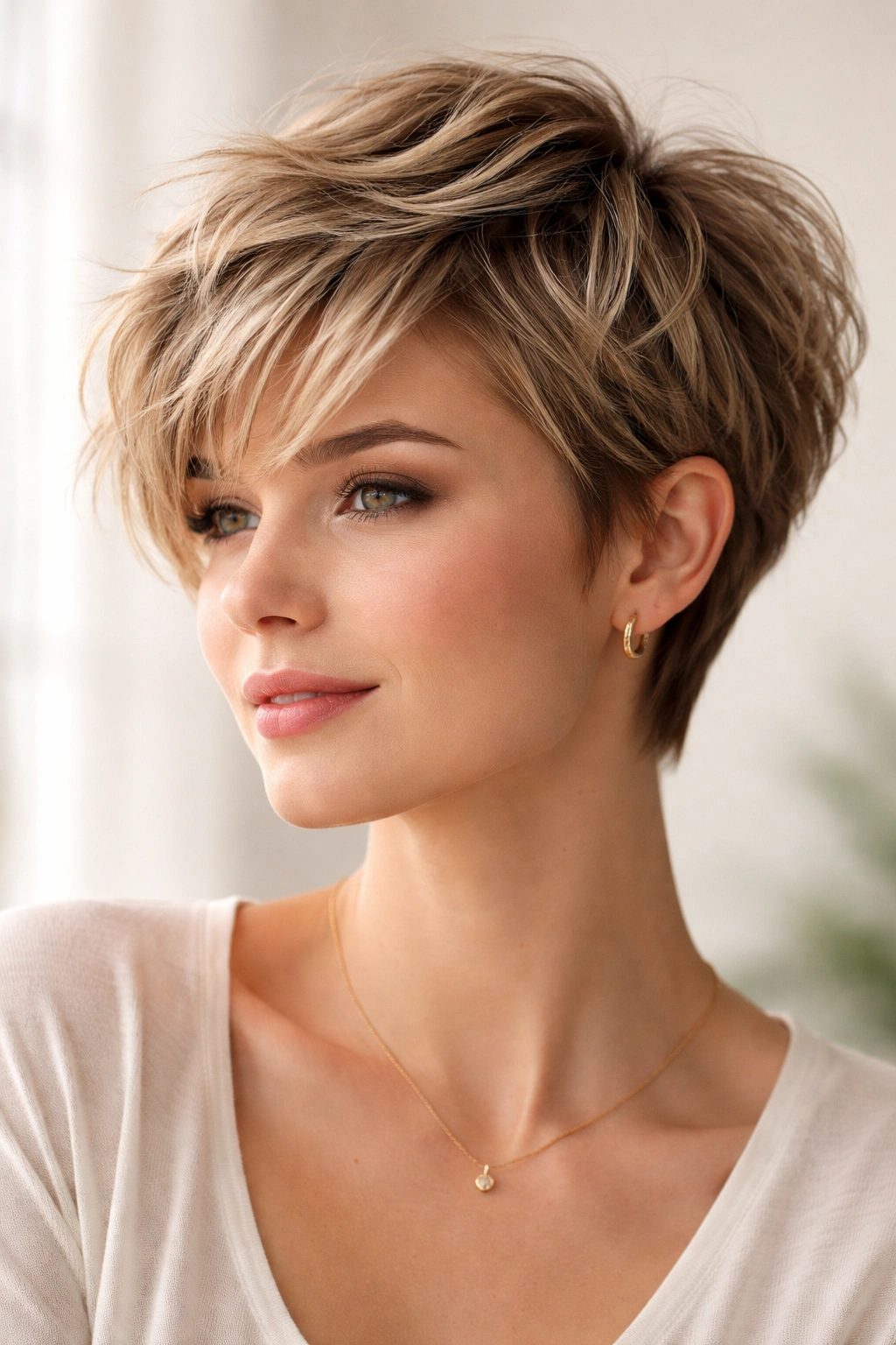 Portrait of a person with short textured haircut showing volume and movement